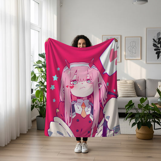 Darling in the Franxx Zero Two Kawaii Manga Art Blanket, Cute 02 Anime Decor, Premium Zero Two Fan Gift, OOAK Anime Bedding
